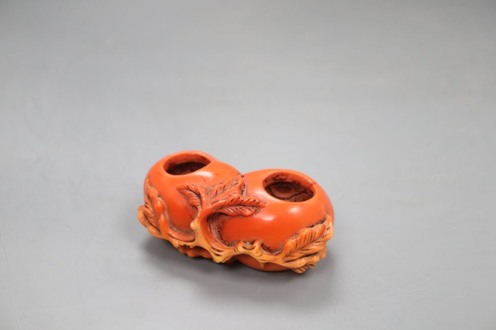 A Chinese glass double peach brushwasher, width 8cm